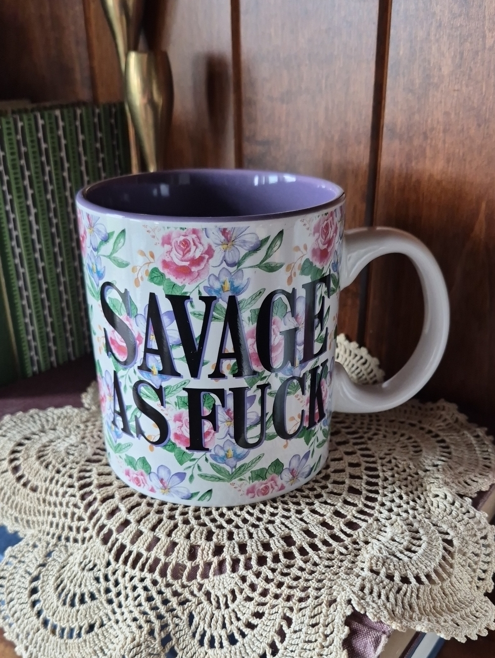 Floral "SAVAGE AS F***" Ceramic Mug - Purple Interior